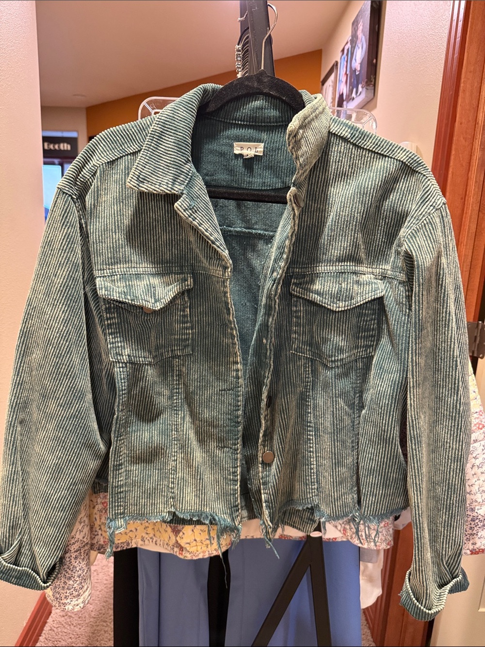 POL Teal Corduroy Crop Jacket